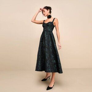 Dramatically Romantic Black Floral Jacquard Bustier Midi Dress